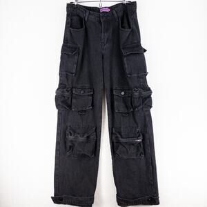 EDIKTED Oversized Cargo Wide Leg Mid-Rise Black Denim Jeans Medium Pockets